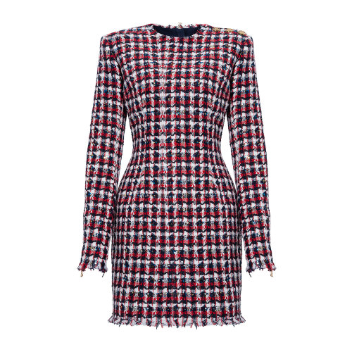 Balmain/巴尔曼 红色 女士千鸟格纹粗花呢连衣裙 UF06200C263  秋冬
