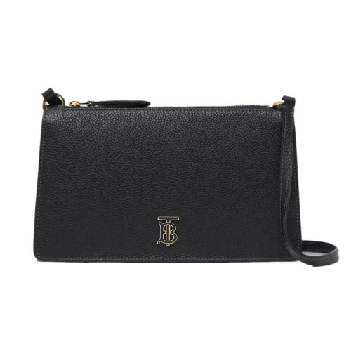 BURBERRY/博柏利 22新款 女士黑色粒面皮革拉链开合金色字母抛光金属饰面皮表带手拿包80606411