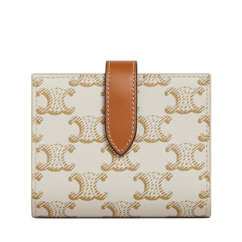 CELINE/赛琳 小号白色凯旋印花涂层帆布黄褐色小羊皮饰边钱包10H262DB7.01TA