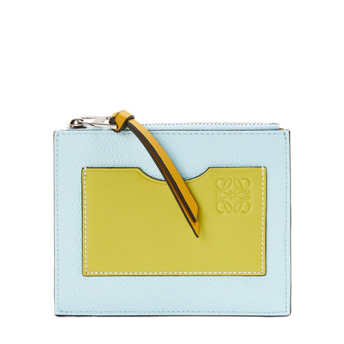 LOEWE/罗意威  女士柠檬黄色水晶蓝色柔软粒面小牛皮拉链卡包卡片夹0010640050