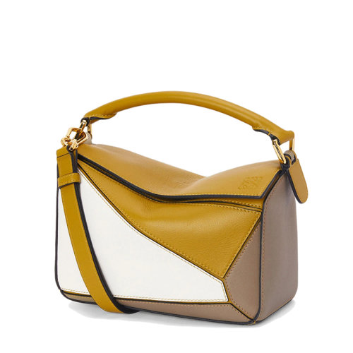  LOEWE/罗意威 22新款Puzzle系列 女士小号赭色/暖白色经典小牛皮拼色单肩斜跨手提拼图包A510S21X55-4025
