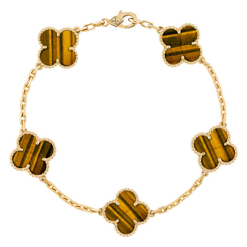 Van Cleef & Arpels/梵克雅宝 经典Vintage Alhambra系列 18k金黄金虎眼5四叶草手链VCARD35600