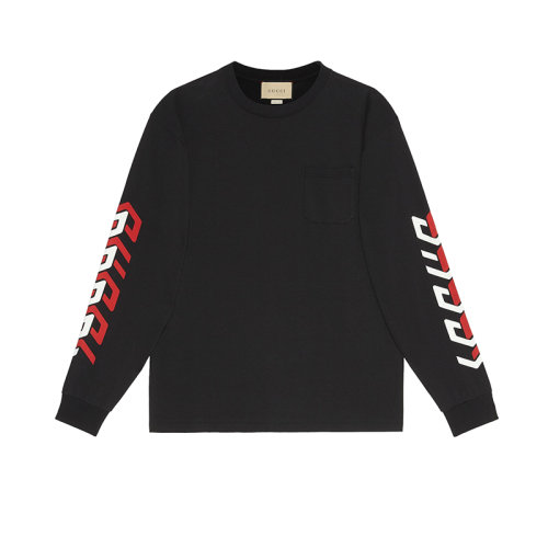 GUCCI/古驰 22年春夏新款 Aria系列 男士黑色纯棉镜像效果Logo印花长袖T恤卫衣?676063XJDWA1152