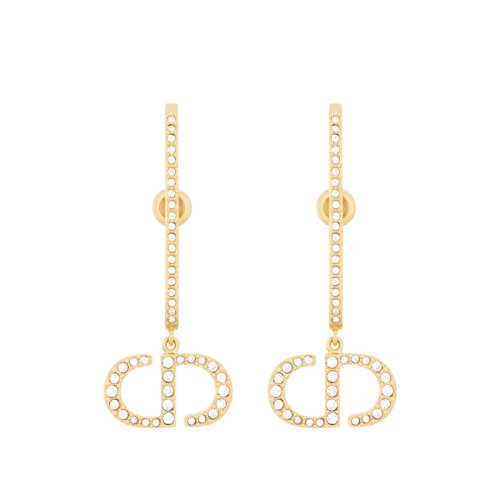 DIOR/迪奥 22新款30 MONTAIGNE系列 女士金色J字形金属镶嵌透明晶体饰CD徽标字母吊饰耳环耳钉E2028WOMCY_D301