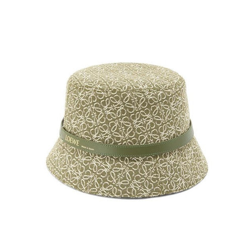 LOEWE/罗意威 22年春夏新款 女士绿色/牛油果绿色提花布和牛皮革老花图案水桶帽渔夫帽K820HB1X07-4364