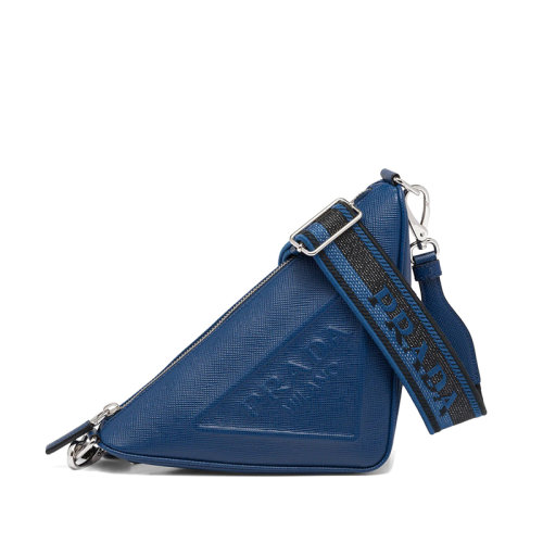 PRADA/普拉达 22年新款 男士深蓝色皮革编织黑色蓝色肩带拉链可调徽标印花三角形斜挎单肩包2VH5_2FAD_F00_V_OOO