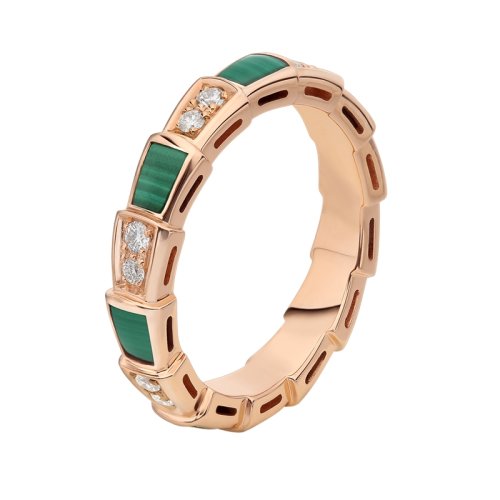 BVLGARI/宝格丽 Serpenti Viper系列 经典款孔雀石 18K金玫瑰金 带钻 蛇形戒指 356773