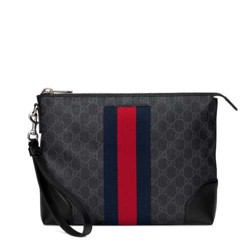 GUCCI/古驰 22春夏新款 男士黑色/灰色帆布黑色皮革滚边饰银扣红蓝条纹织带修饰手拿包5236039F2YN1095