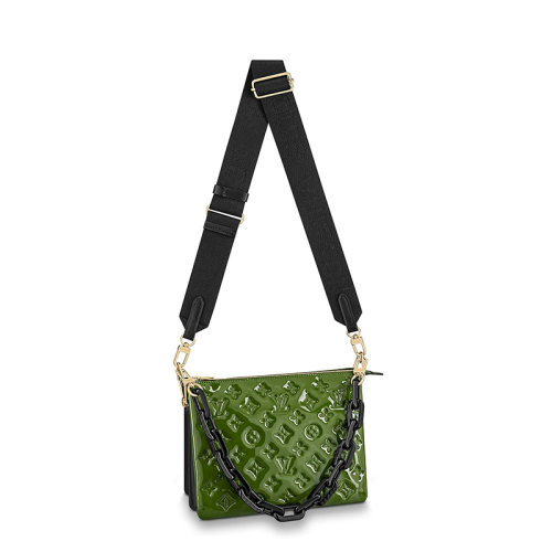 Louis Vuitton/路易威登 22春夏新款COUSSIN系列 女士小号绿色/黑色漆面牛皮革羊皮革衬料老花压印黑色链条配可拆卸肩带单肩斜挎手提链条包M20565