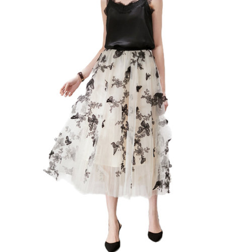 GeleiStory/GeleiStory 春季新款松紧腰中长款仙气质刺绣网纱半身裙 女装＞女士裙装＞女士半身裙