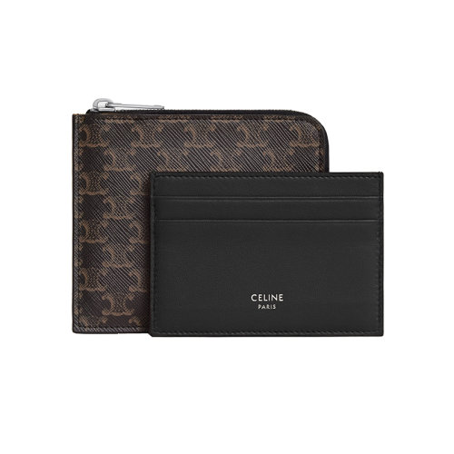 CELINE/赛琳 22秋冬新款 男士黑色印花帆布小牛皮饰边拉链开合拆卸卡夹10D882EIX.38SI