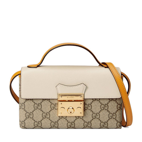 GUCCI/古驰  Padlock系列 女士迷你米色/乌木色GG Supreme帆布白色皮革单肩斜挎包?65268396GAG9763