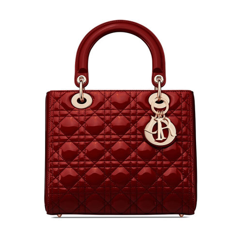 DIOR/迪奥 20新色LADY DIOR系列 樱桃红漆面小牛皮金扣藤格纹中号手提五格戴妃包 M0565OWCB_M323