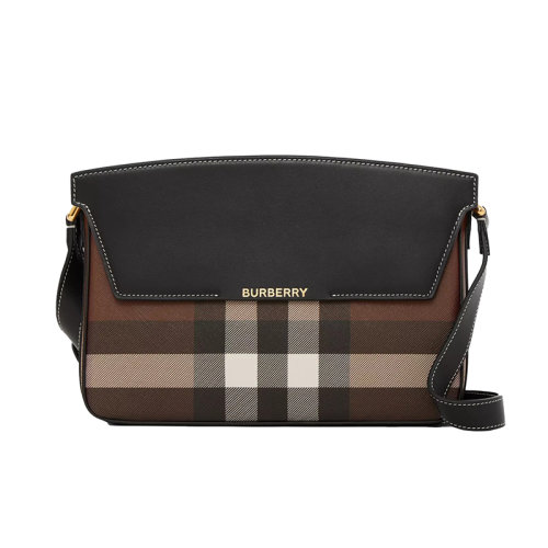 BURBERRY/博柏利 Catherine系列 女士深棕色皮革格纹图案翻盖磁扣开合压花字母拆卸肩带手提肩背包80611301
