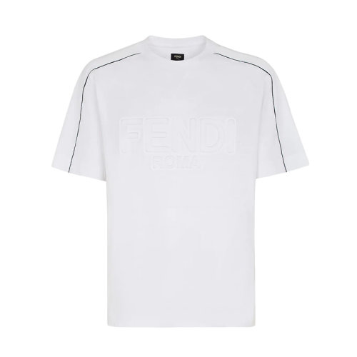 FENDI/芬迪 22年早春新款 男士白色纯棉对比色Roma滚边短袖T恤FY1100AI7FF0WA0