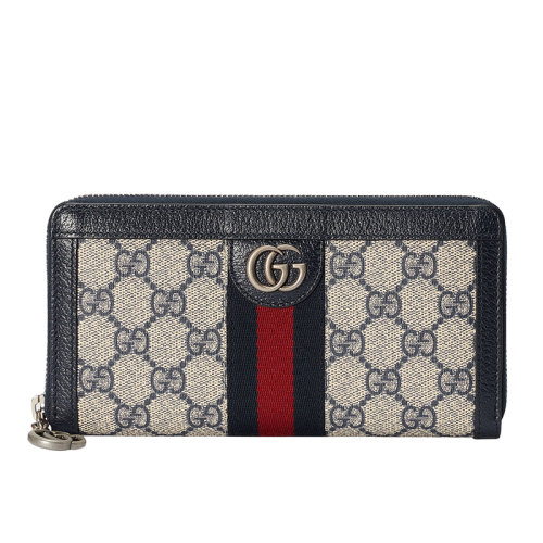 GUCCI/古驰 22春夏新款Ophidia系列 女士米色/蓝色老花帆布红蓝织带配蓝色皮革双G长款钱包 52315496IWN4076