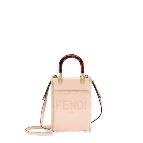 FENDI/芬迪 22春夏新款Sunshine系列 女士迷你粉色小牛皮徽标ROMA压纹双玳瑁手柄手拿包单肩包8BS051ABVLF1HDG