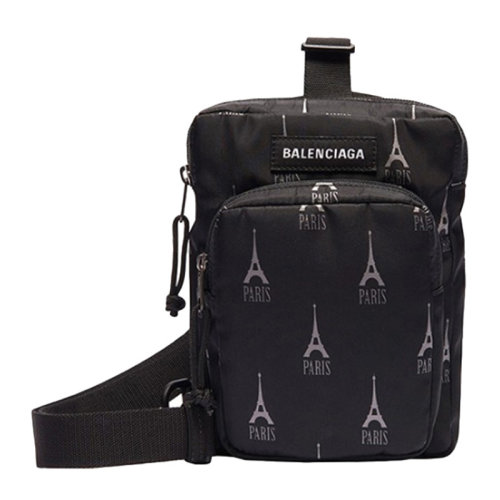 Balenciaga/巴黎世家 男士黑色尼龙铁塔印花拉链开合斜挎包肩背包胸包男包 593651-9ELF5-1061