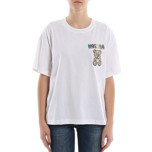 MOSCHINO/莫斯奇诺 女士白色棉质经典字母徽标小熊图案装饰圆领短袖上衣T恤 V0710-0540-1001