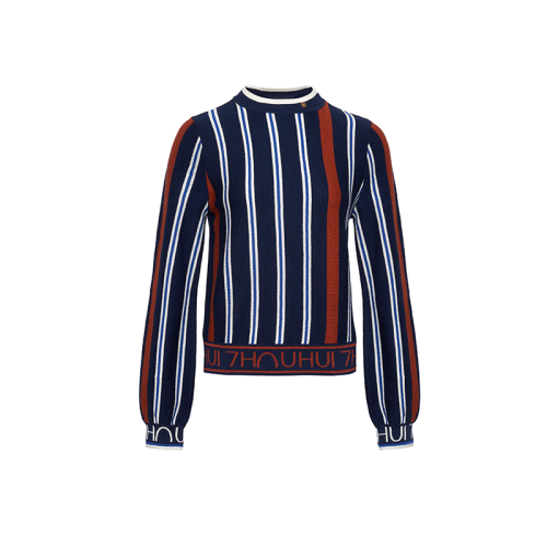 HUI/卉 女士针织衫/毛衣2020秋季新品撞色竖条纹毛衫圆领套头衫设计