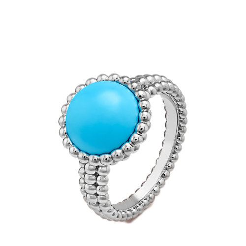 Van Cleef & Arpels/梵克雅宝 经典Perlée couleurs系列 18K金白金镶嵌圆形绿松石戒指指环VCARP4DQ00