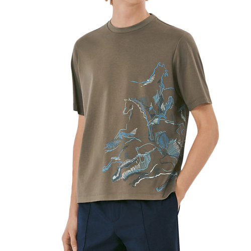 HERMES/爱马仕 22年春夏新款 男士大麻黄色纯棉Cavalcade印花短袖T恤H257830HA99SM