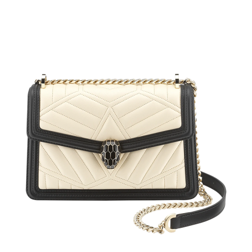 BVLGARI/宝格丽 SERPENTI DIAMOND BLAST系列 女士小号白色绗缝纳帕皮黑色皮革饰边翻盖黑色蛇头扣链条单肩斜挎包291015