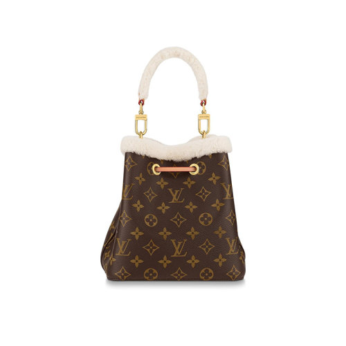 Louis Vuitton/路易威登 22秋冬新款 NEONOE系列 女士棕色老花帆布配羊毛皮羊毛饰边金色金属皮革抽绳开合单肩斜挎包M46319