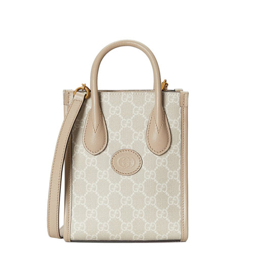 GUCCI/古驰 22春夏新款 女士迷你米白色老花帆布皮革滚边手提单肩包671623UULBT9683