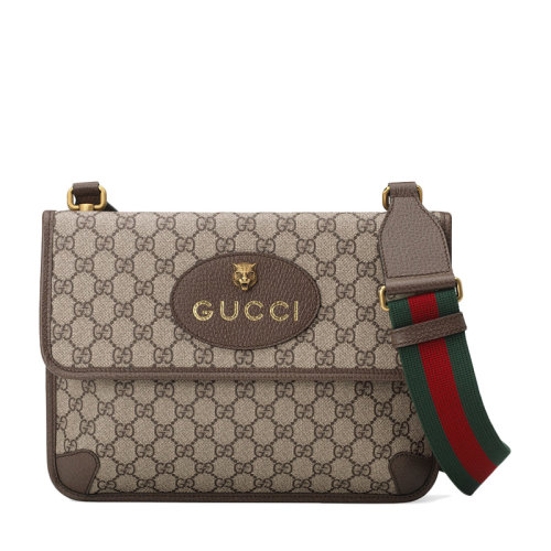  GUCCI/古驰 双面虎头邮差包 大号 单肩包斜挎包斜跨包休闲包男包 卡其色帆布经典老花红绿条纹 logo 495654-9C2VT-8745