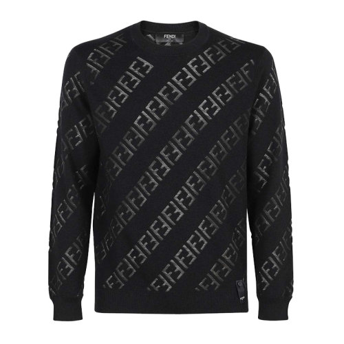 FENDI/芬迪 男士黑色羊毛经典双F字母徽标印花装饰圆领长袖上衣POLO衫 FZY111-AH3B-F0QA1