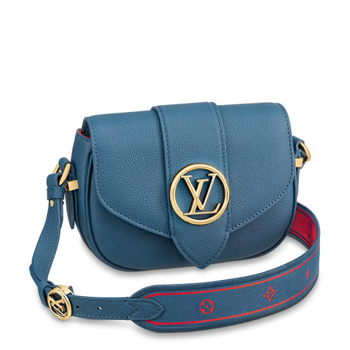 Louis Vuitton/路易威登 22春夏新款PONT 9 SOFT系列 女士蓝色粒面牛皮革金扣刺绣织物饰边配可拆卸肩带翻盖开合斜跨单肩包M58964